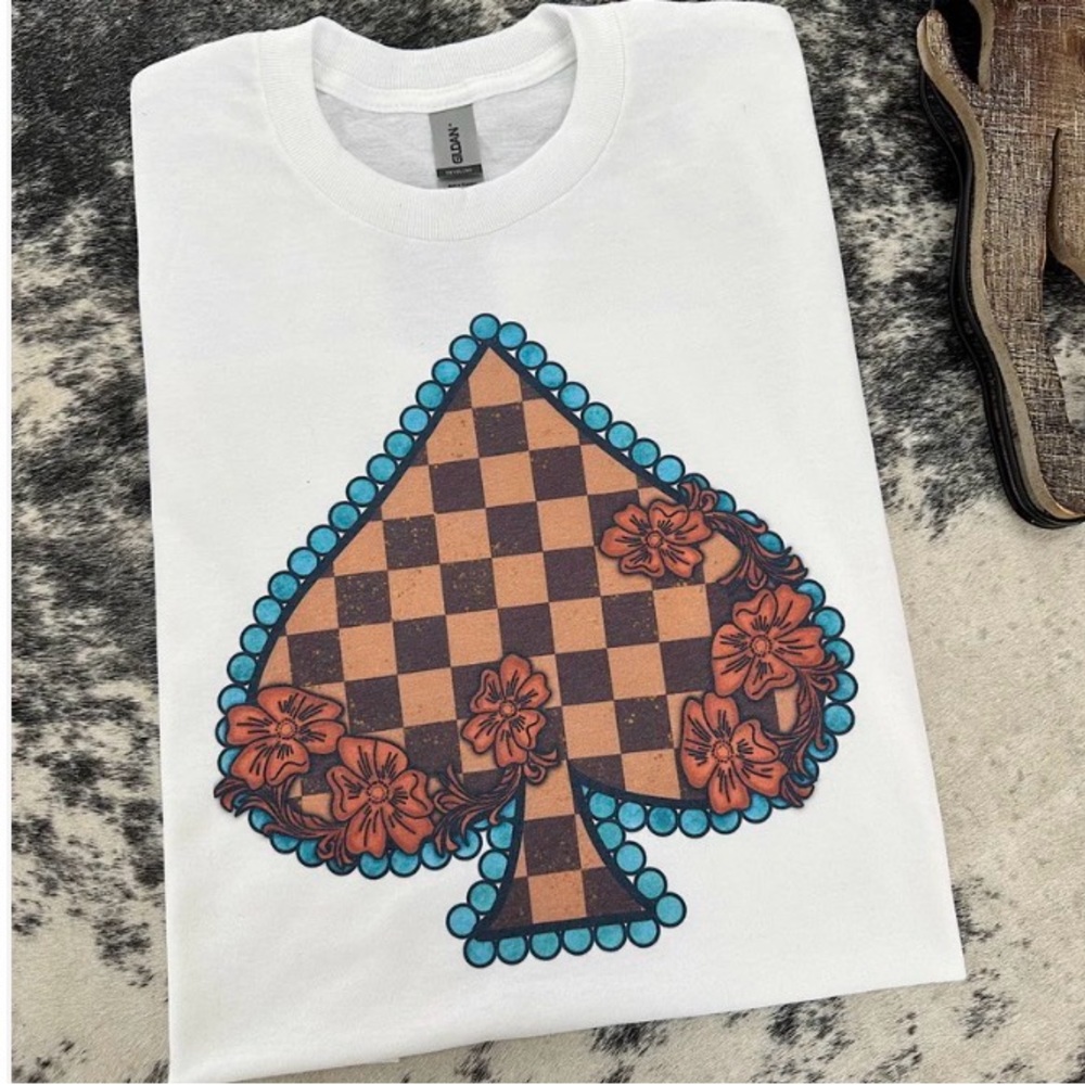 White Tee with Checkerboard Spade Graphic in Turquoise & Brown